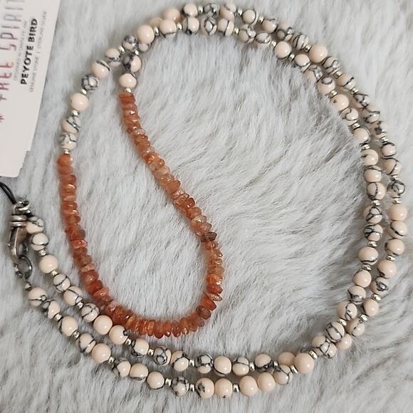 NEW Peyote Bird Free Spirit Sunstone Crystal Orange and Cream Beaded Necklace - Picture 10 of 11